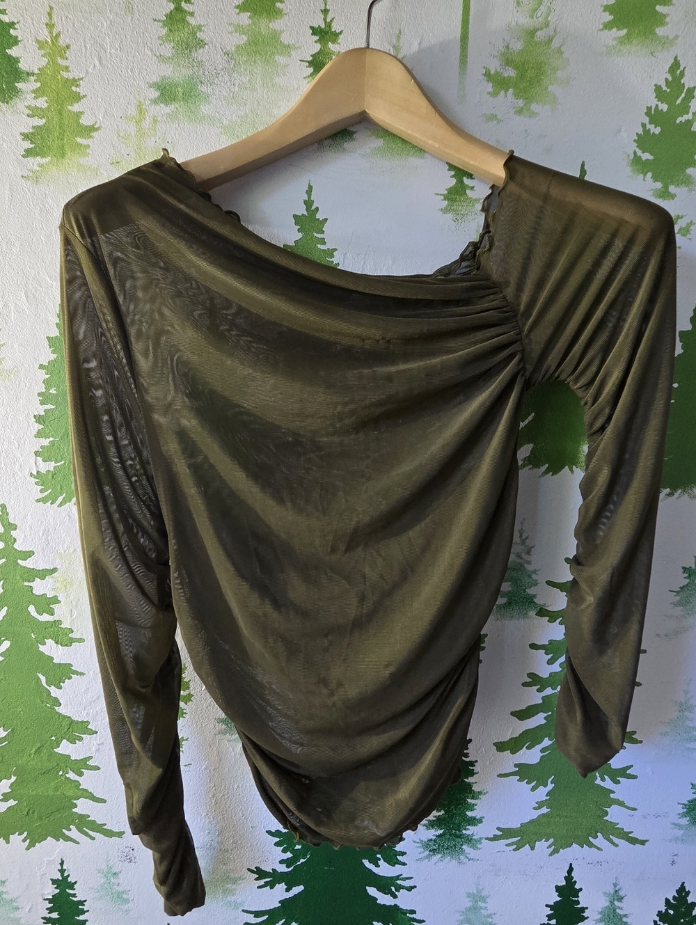 Olive Green Draped Long Sleeve Ruched Blouse